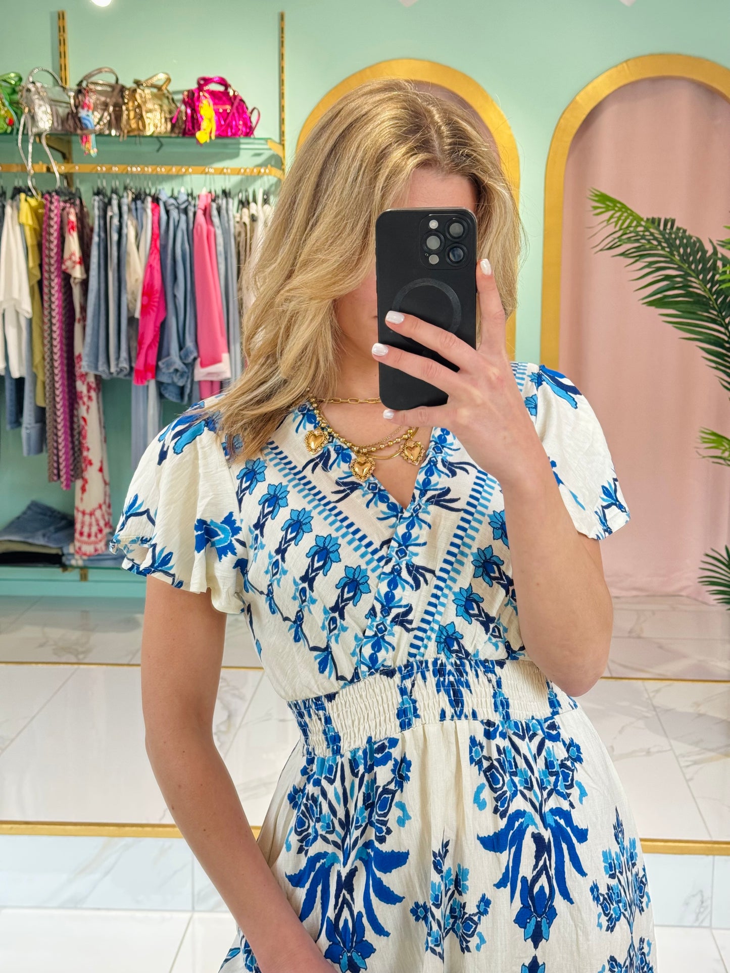 Robe longue cache-cœur à motifs estivaux – coloris bleu