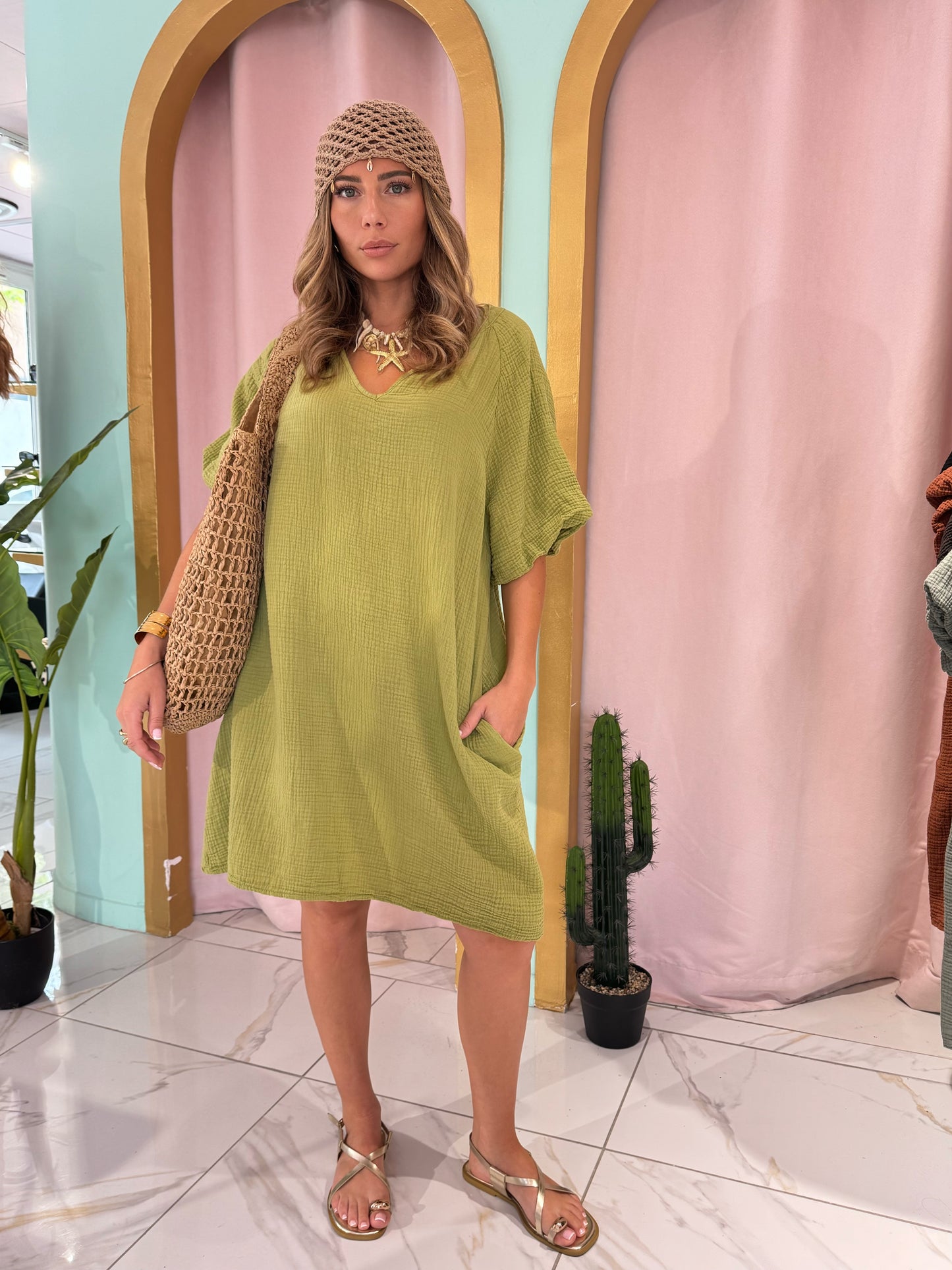 Robe en gaz de coton manches bouffantes - pistache