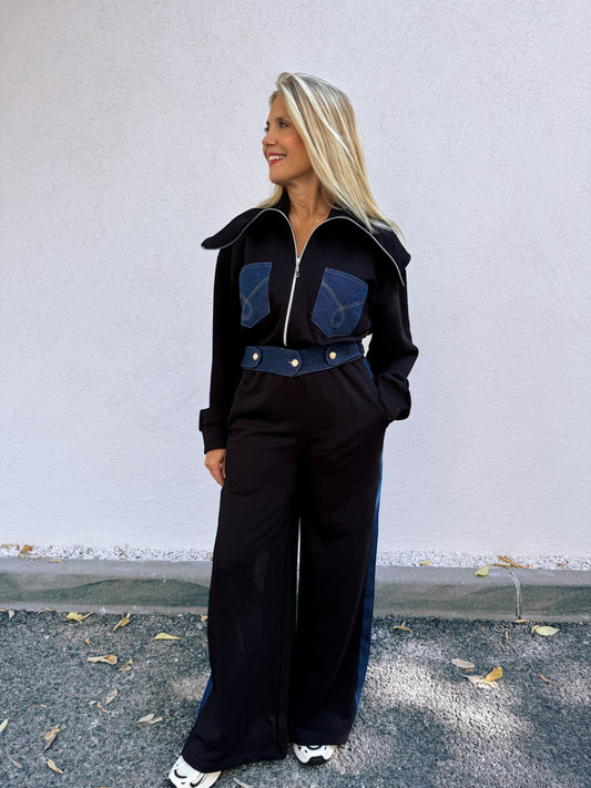 Ensemble streetwear patchwork jean & sweat – noir