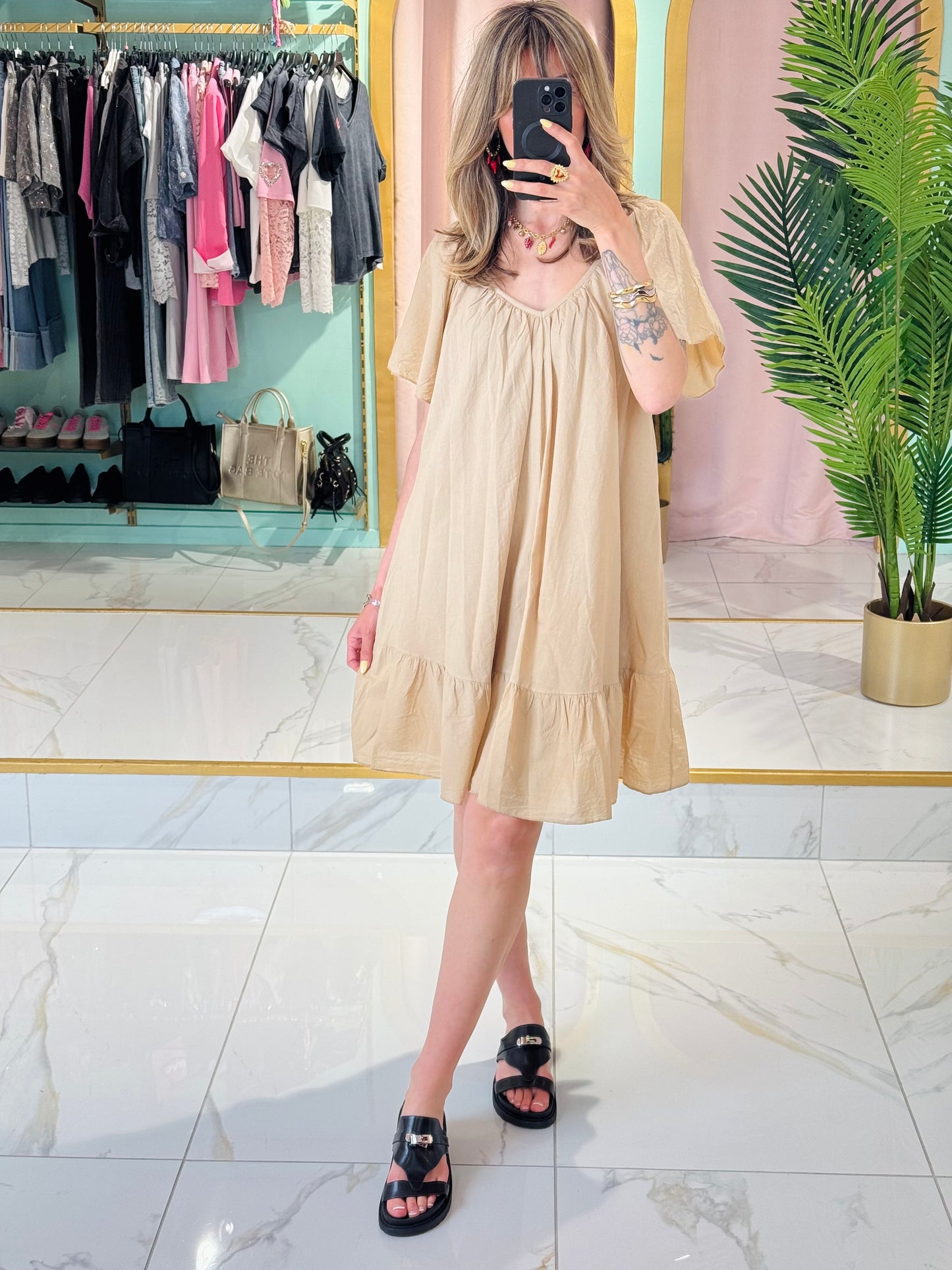 Robe coton col V dos noué - Camel