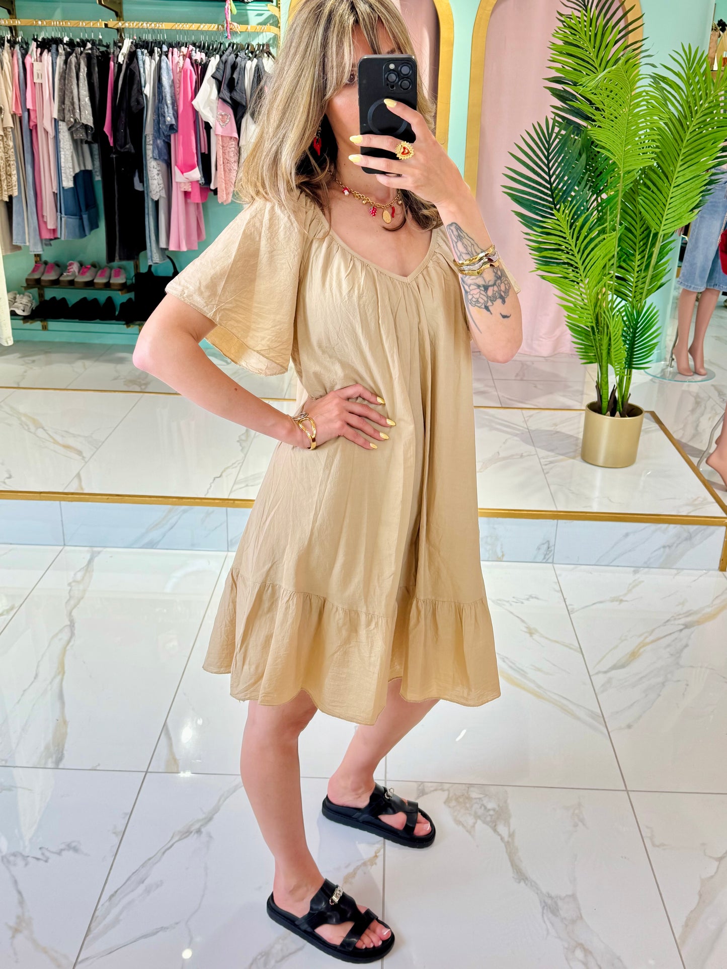 Robe coton col V dos noué - Camel