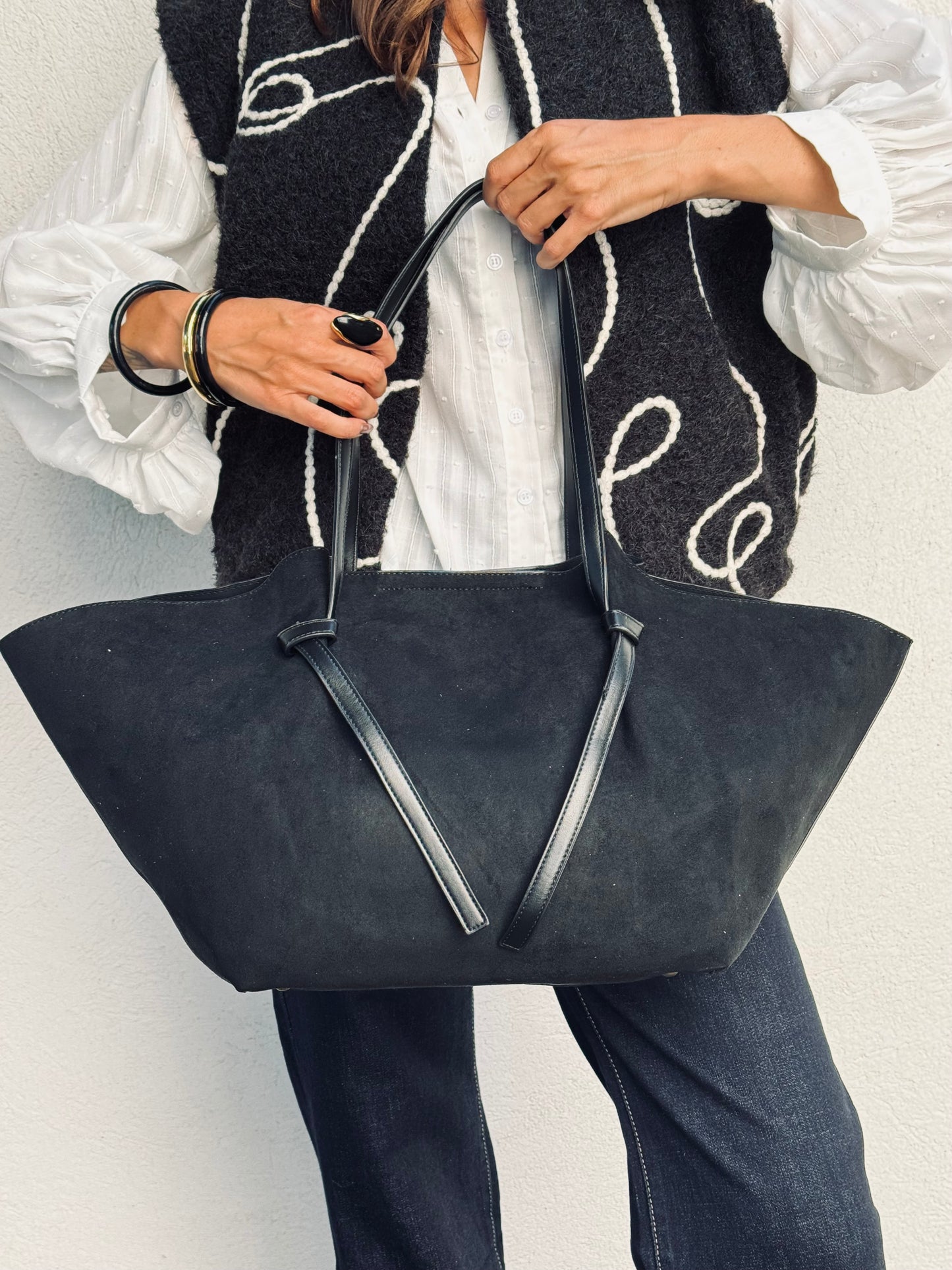 Sac cabas façon nubuck – Grand format avec pochette & bandoulière noir