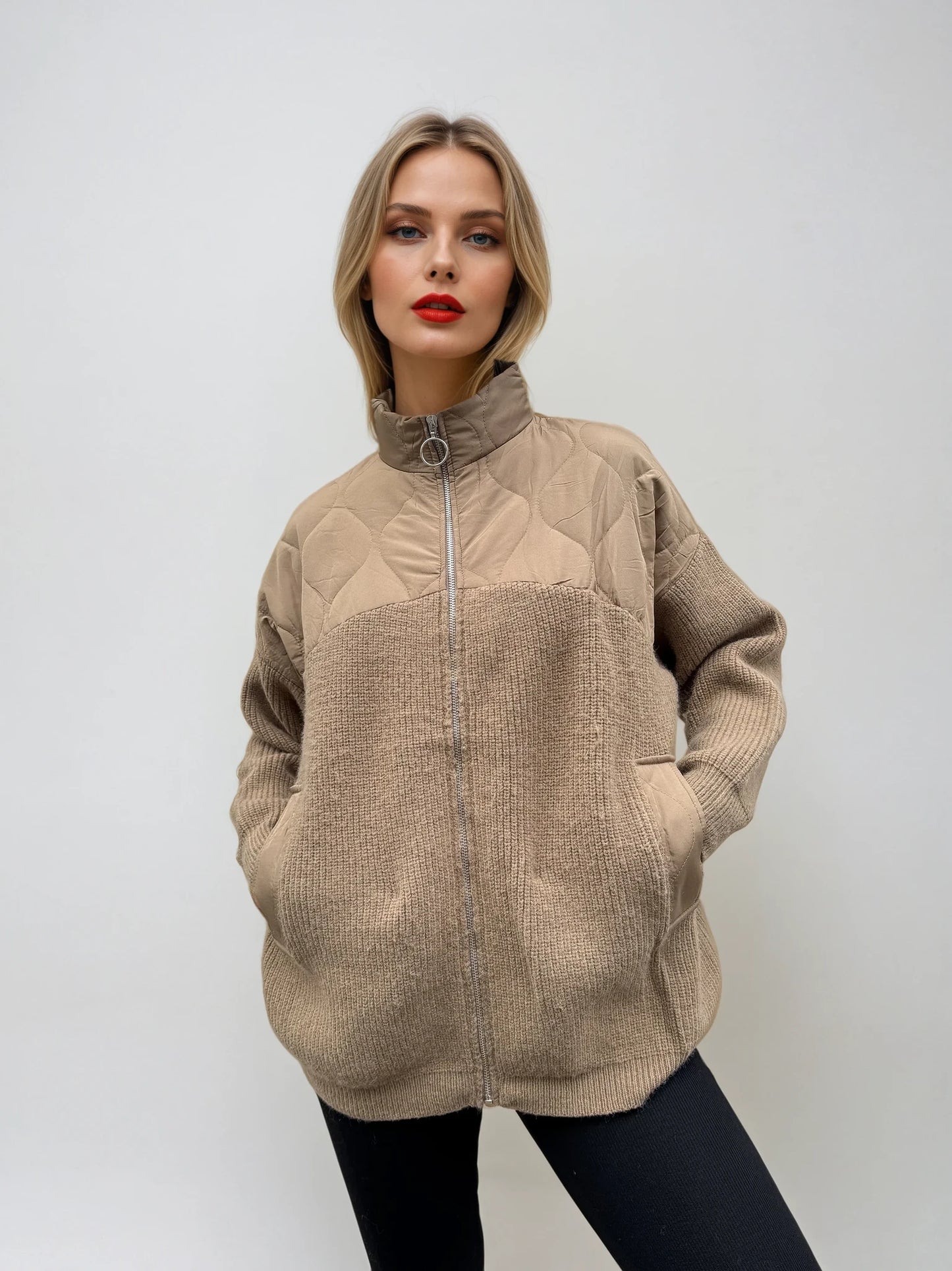 Veste bimatiere matelassée et maille Camel