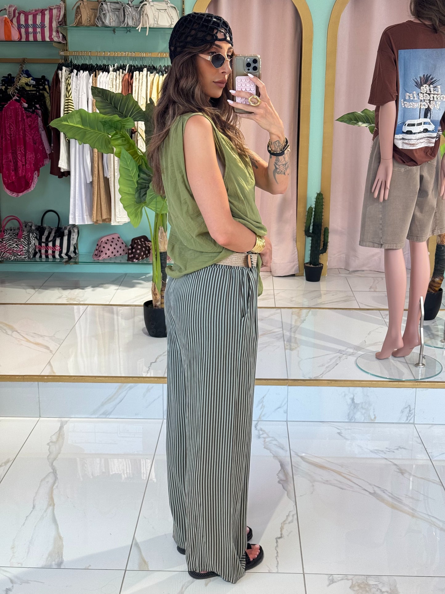 Pantalon fluide à fines rayures chocolat - pistache