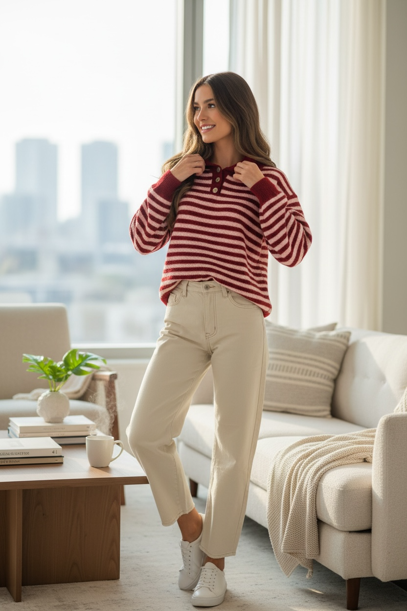 Pull en maille rayé à col polo bordeaux