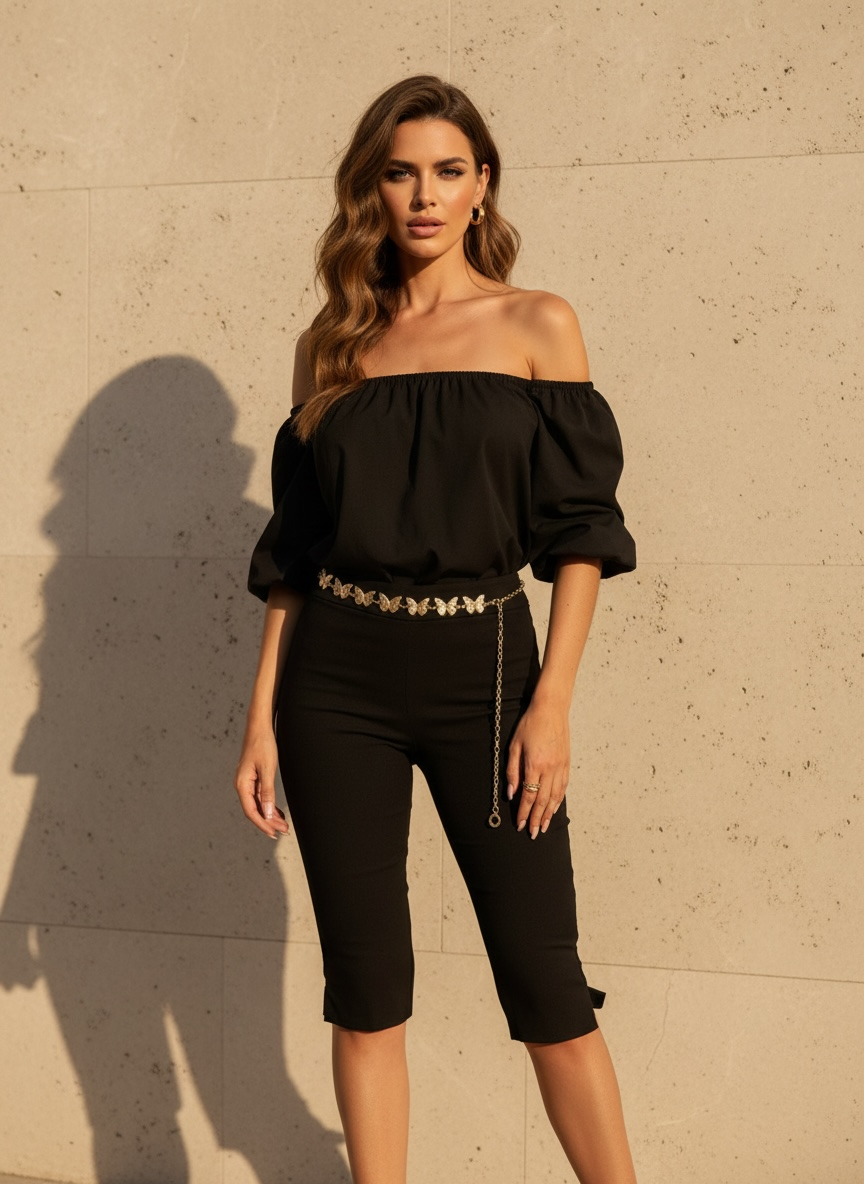 Top en popeline bouffant manche bardot - noir