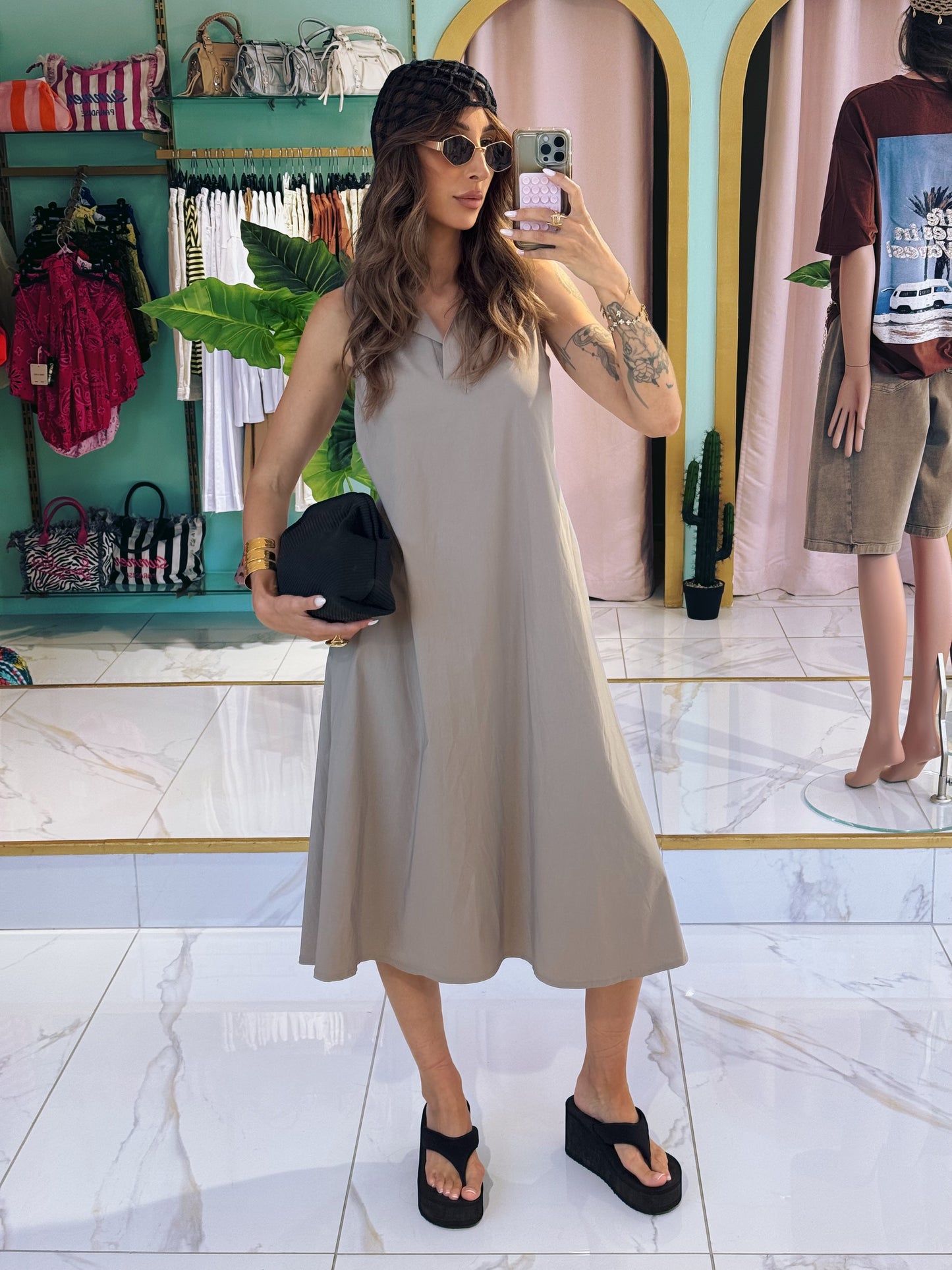 Robe midi col chemise - taupe