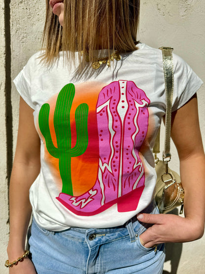 T-shirt blanc santiag rose et cactus