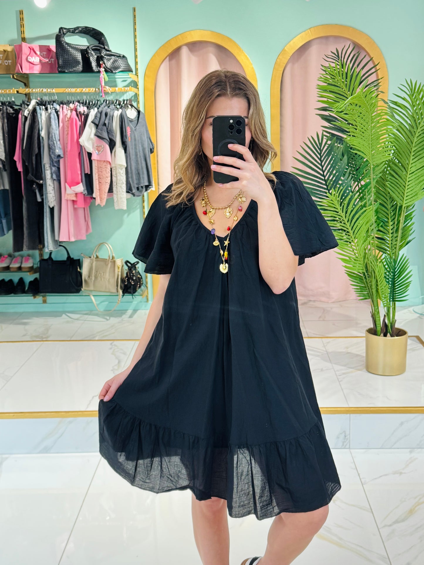Robe coton col V dos noué - Noir