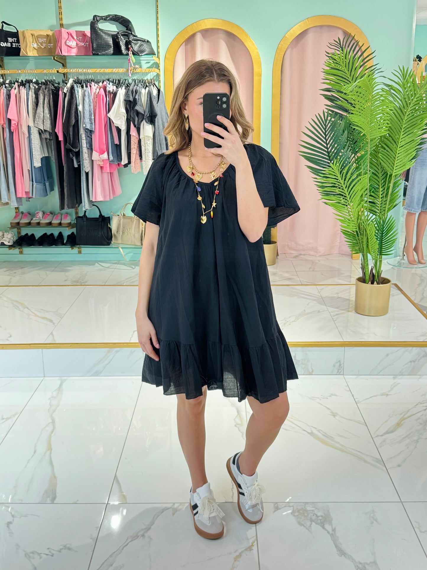 Robe coton col V dos noué - Noir