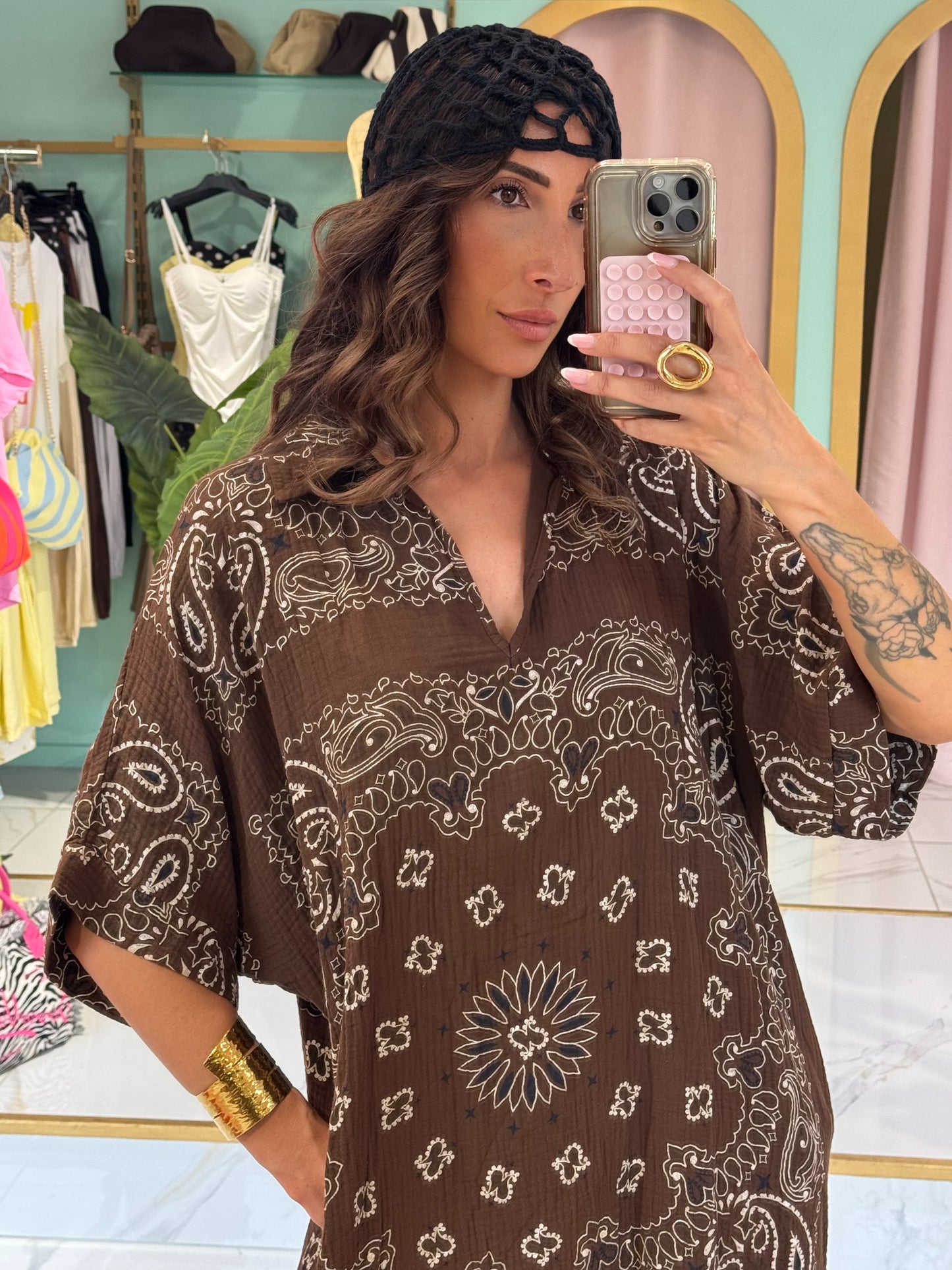 Robe tunique en gaz de coton à motif bandana - chocolat