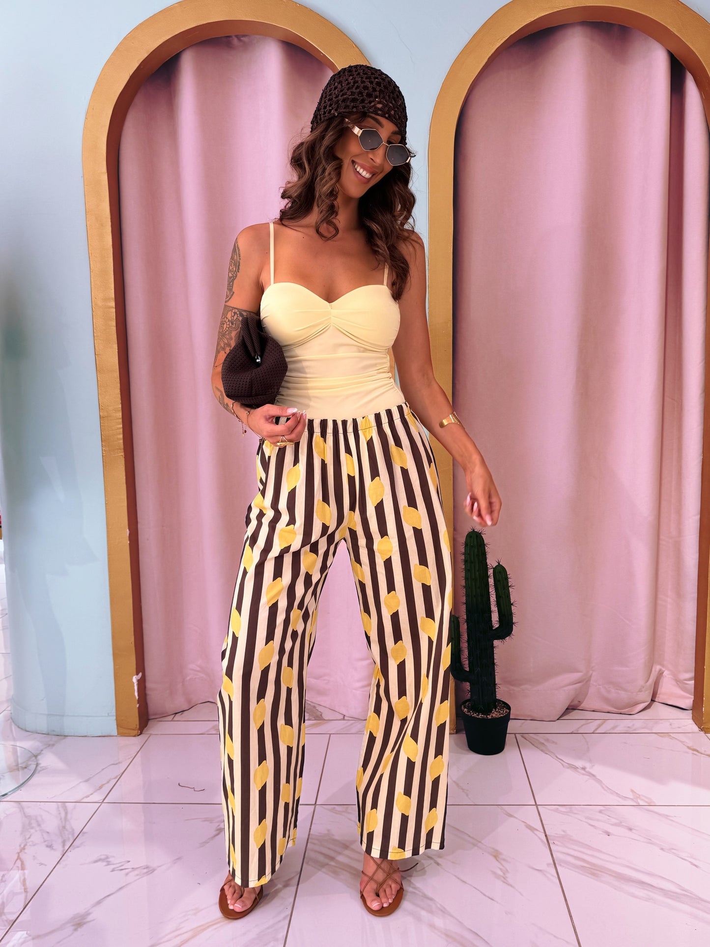 Pantalon rayé citron -choco & jaune