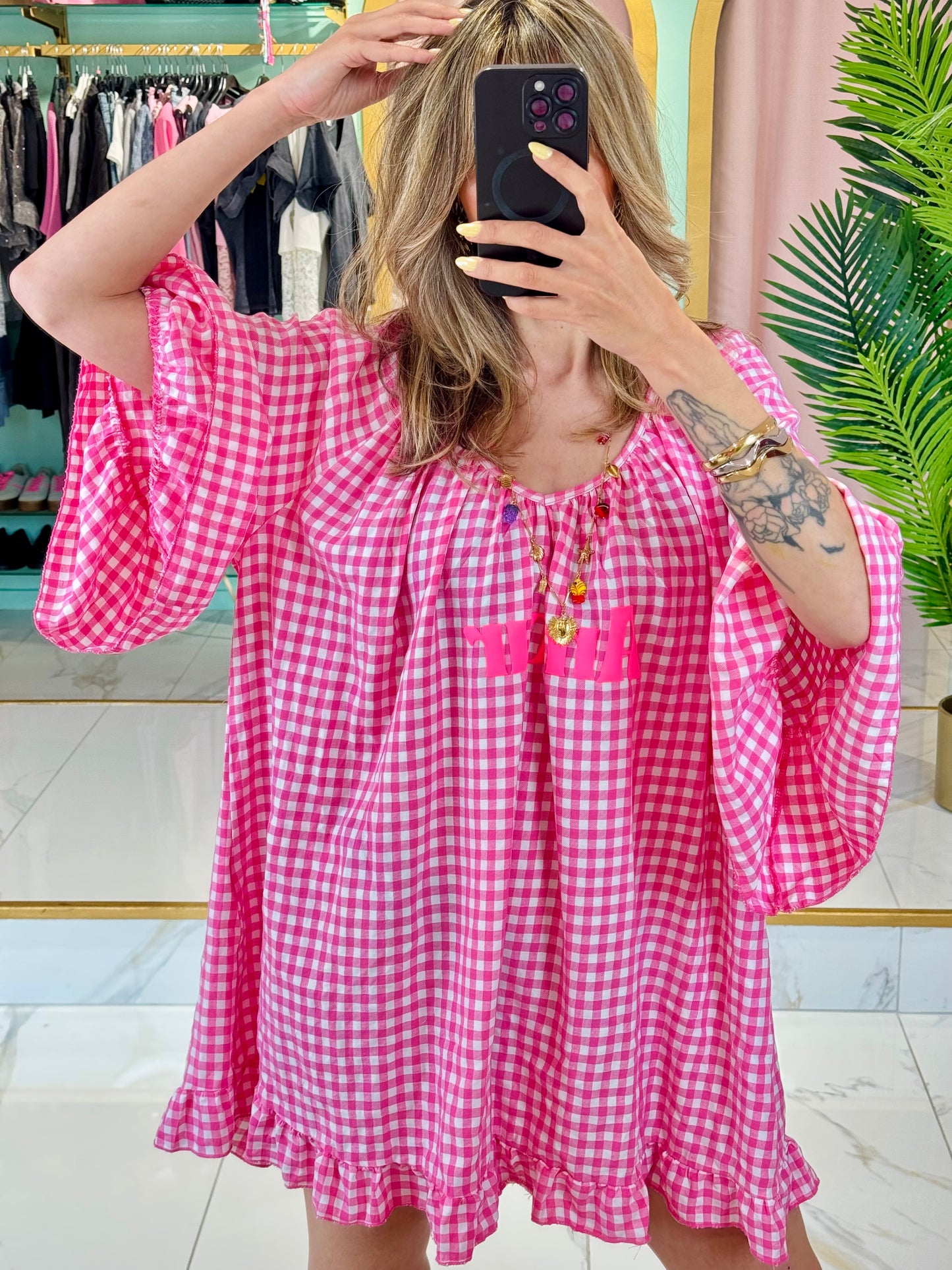 Robe trapèze à carreaux « Amour » – Rose