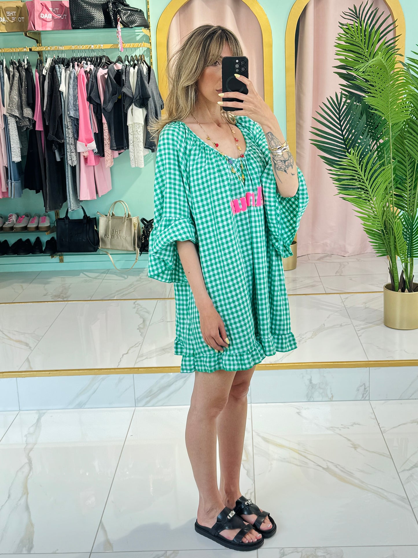 Robe trapèze à carreaux « Amour » – Vert