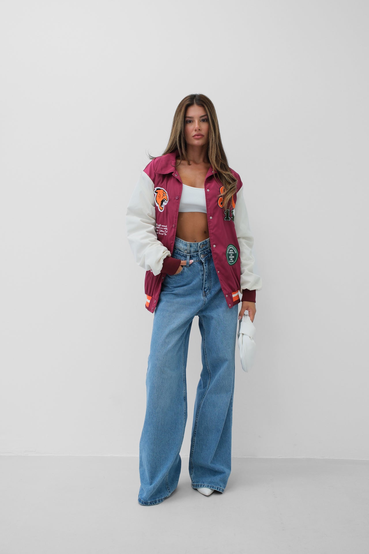 Blouson college brodé bicolore avec poches bordeaux