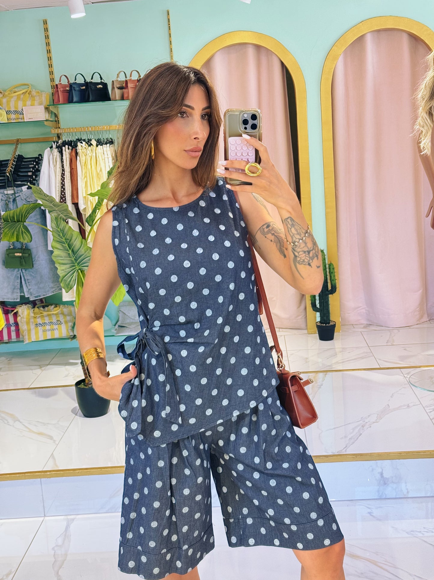 Top à pois en denim léger