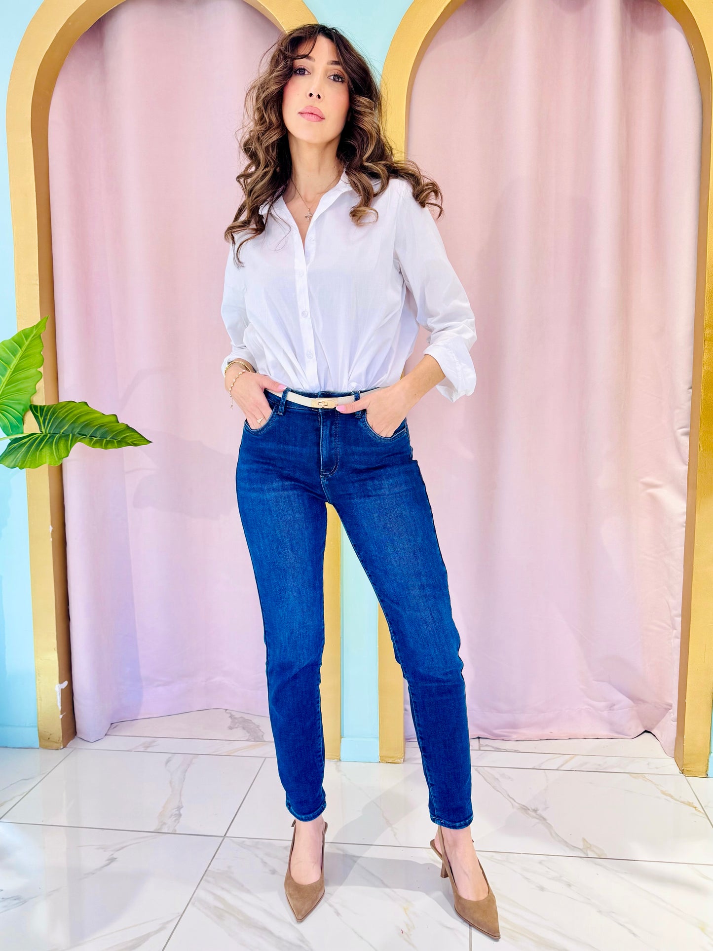 Jean mom fit bleu brut