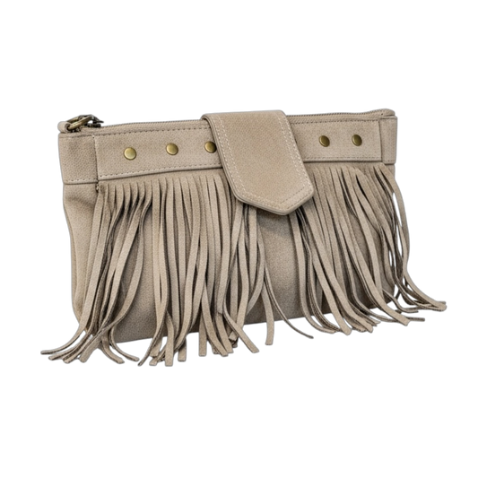 Sac pochette à franges – Bandoulière réglable – Façon nubuck beige