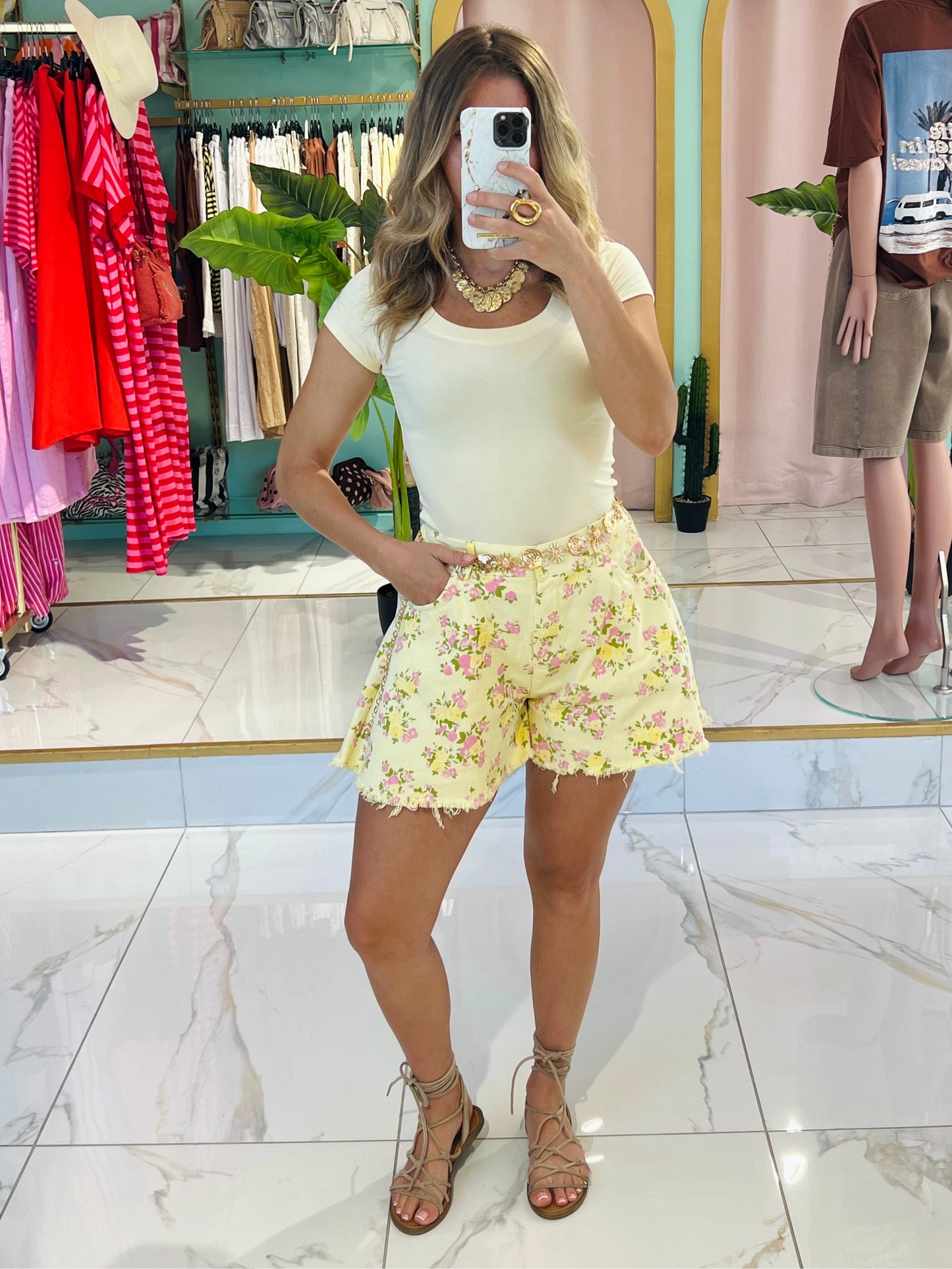 Short en jean maxi loose imprimé liberty - jaune