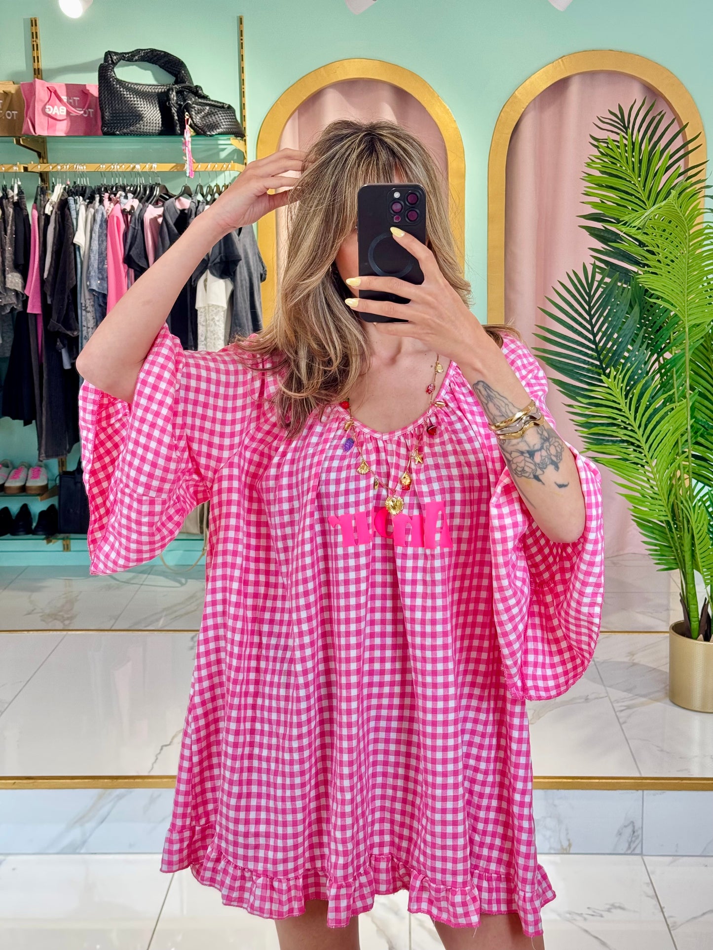 Robe trapèze à carreaux « Amour » – Rose