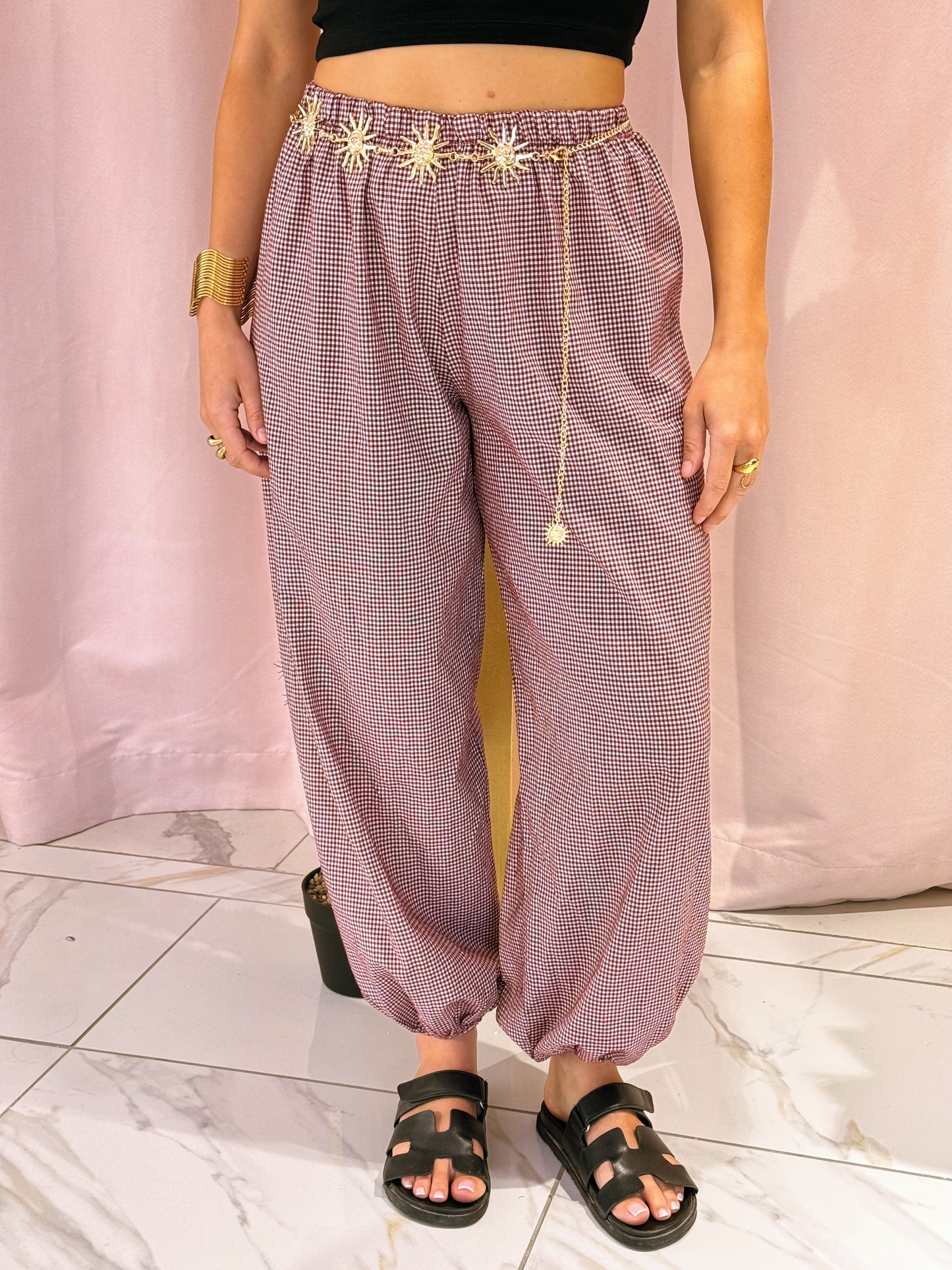 Pantalon bouffant à petit carreaux - bordeaux