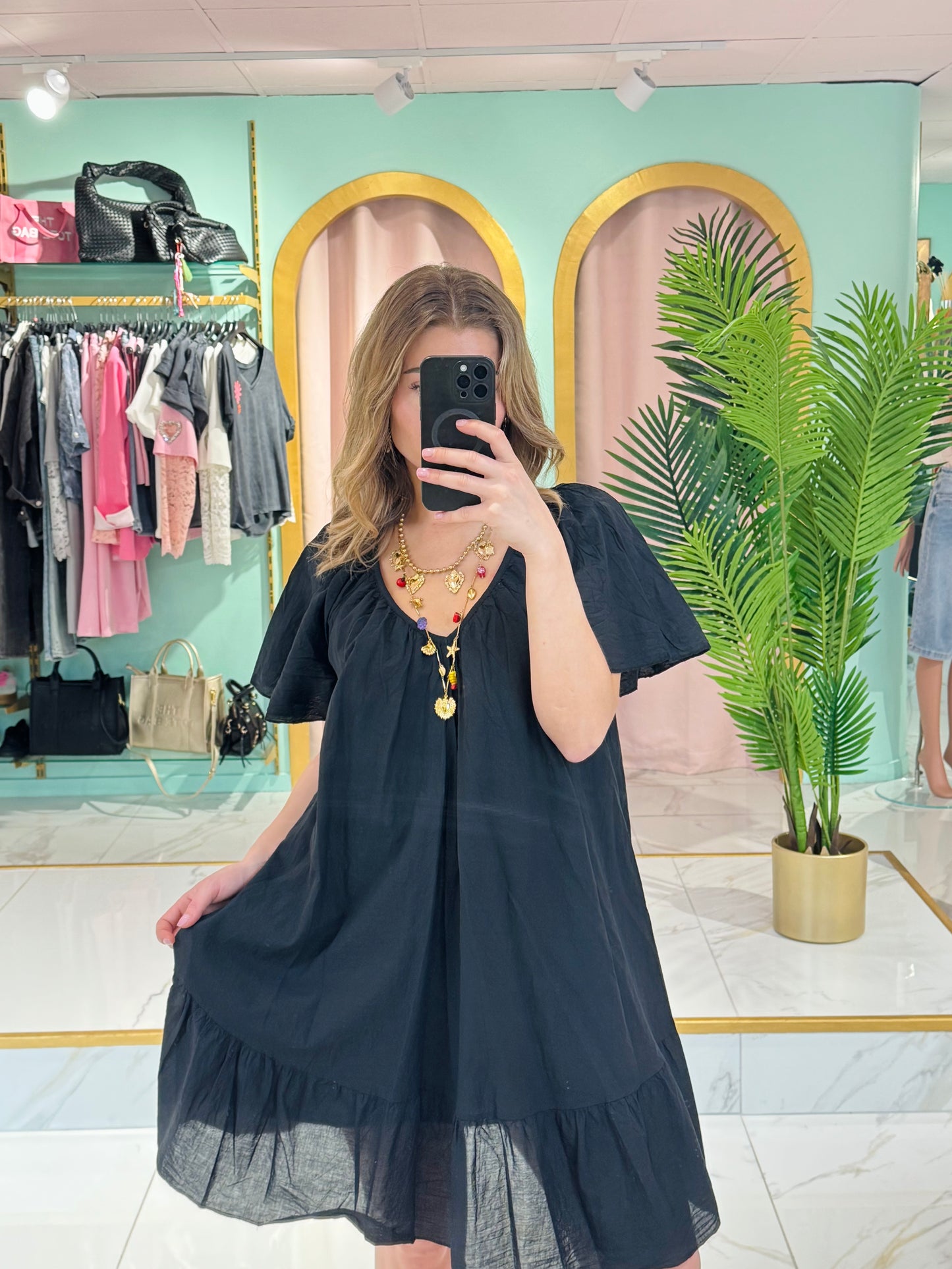 Robe coton col V dos noué - Noir