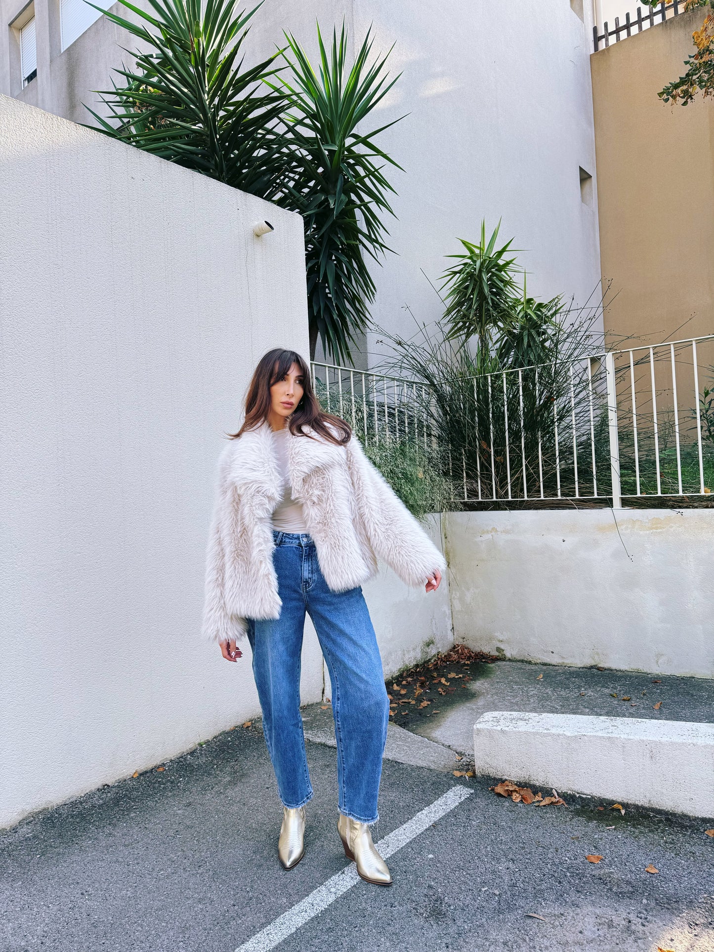 Manteau fausse fourrure écru