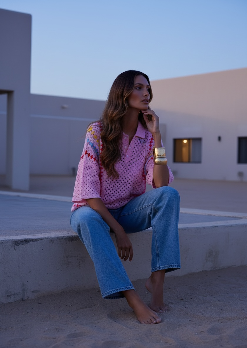 Polo crochet en coton rose