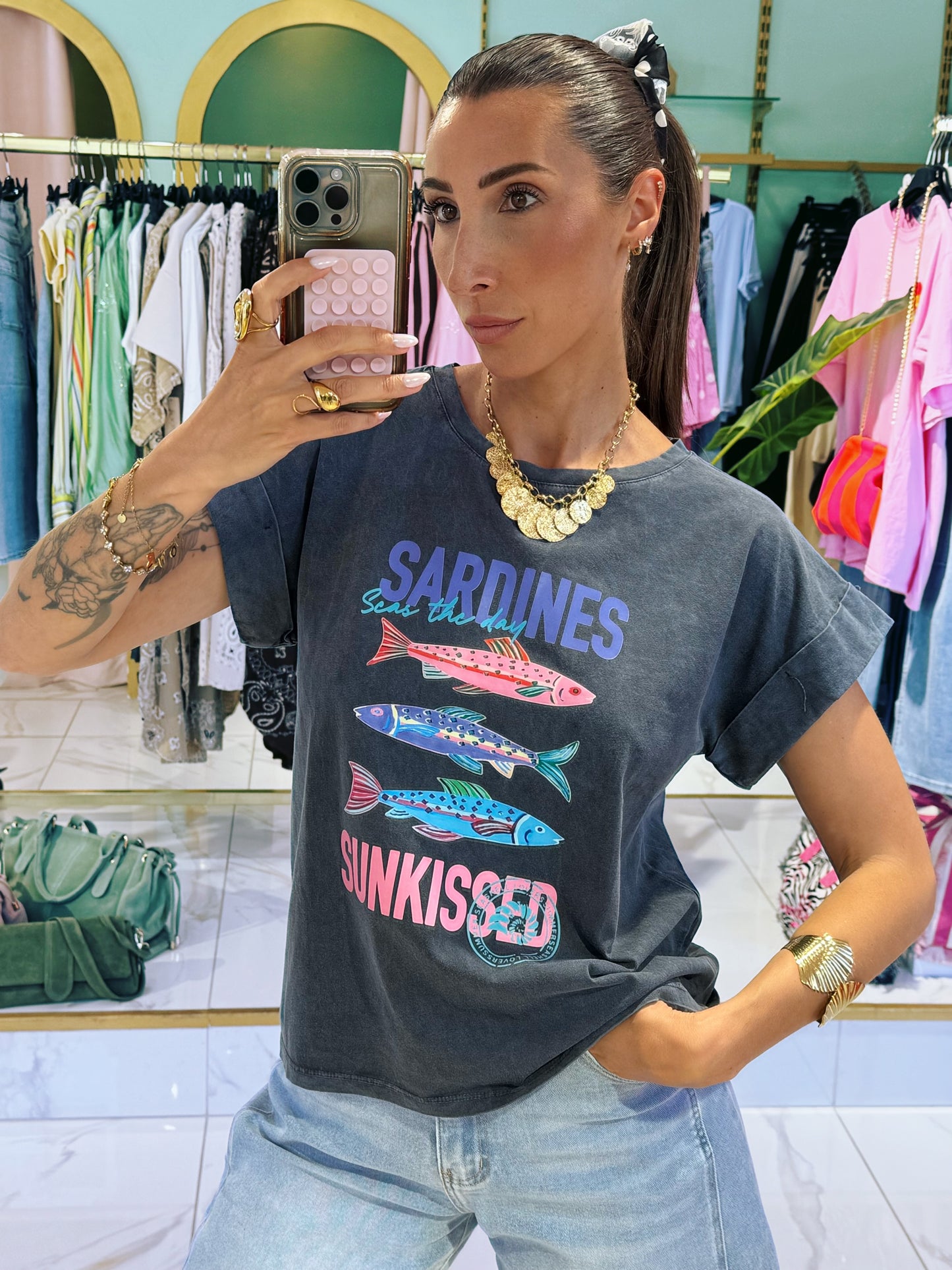 T-shirt sardine gris inscription bleu