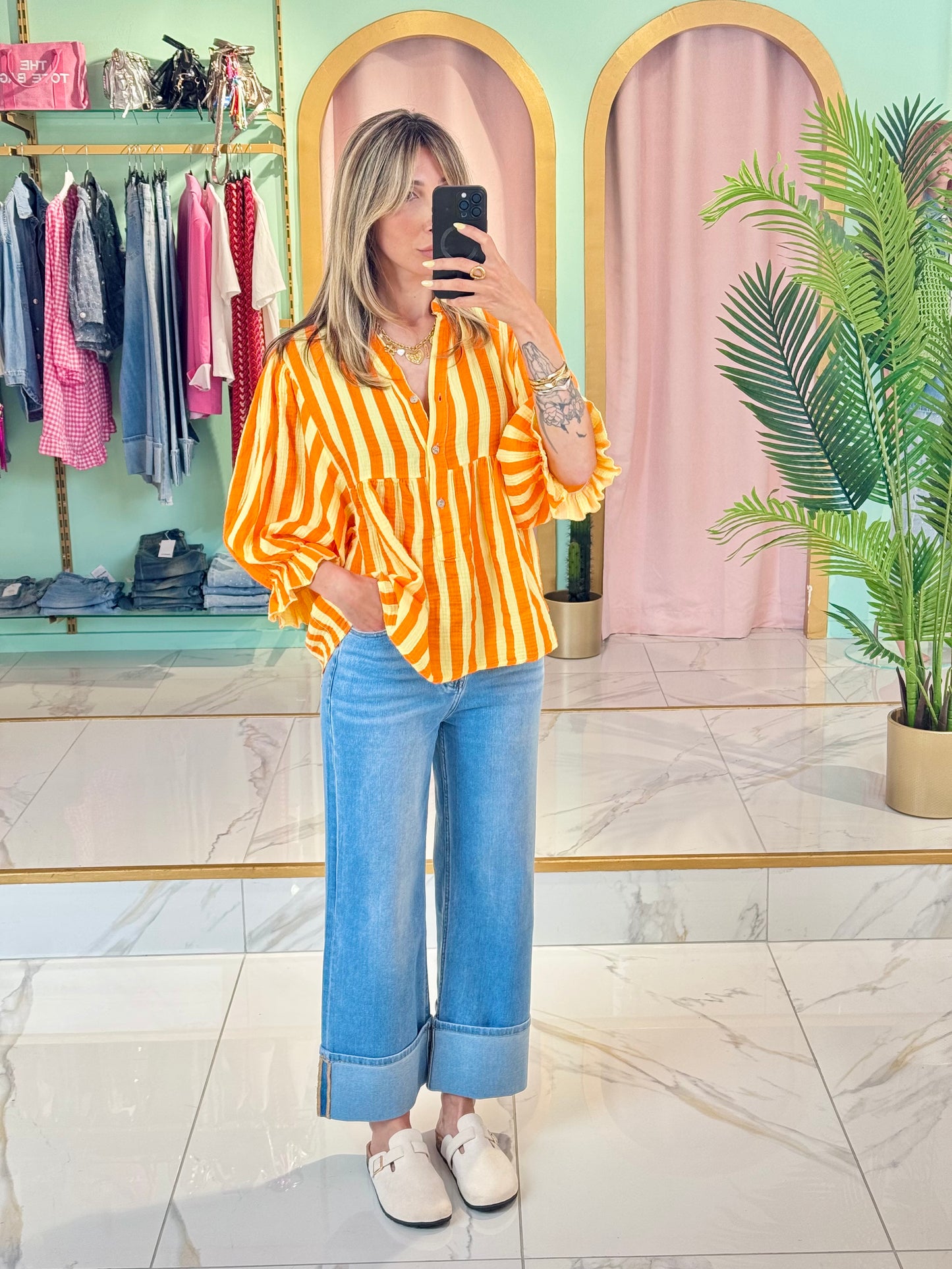 Blouse rayée en gaz de coton jaune et orange
