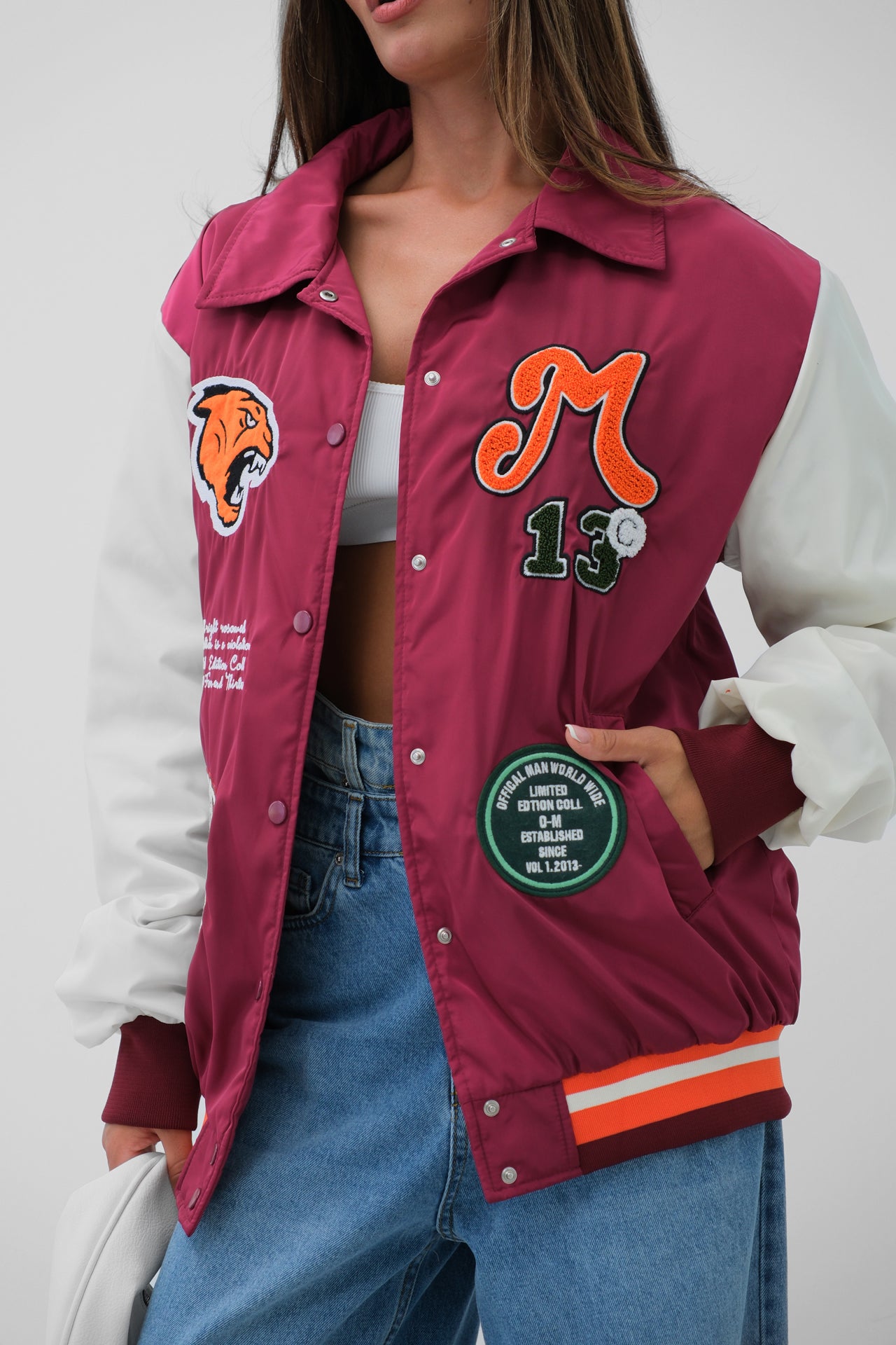 Blouson college brodé bicolore avec poches bordeaux