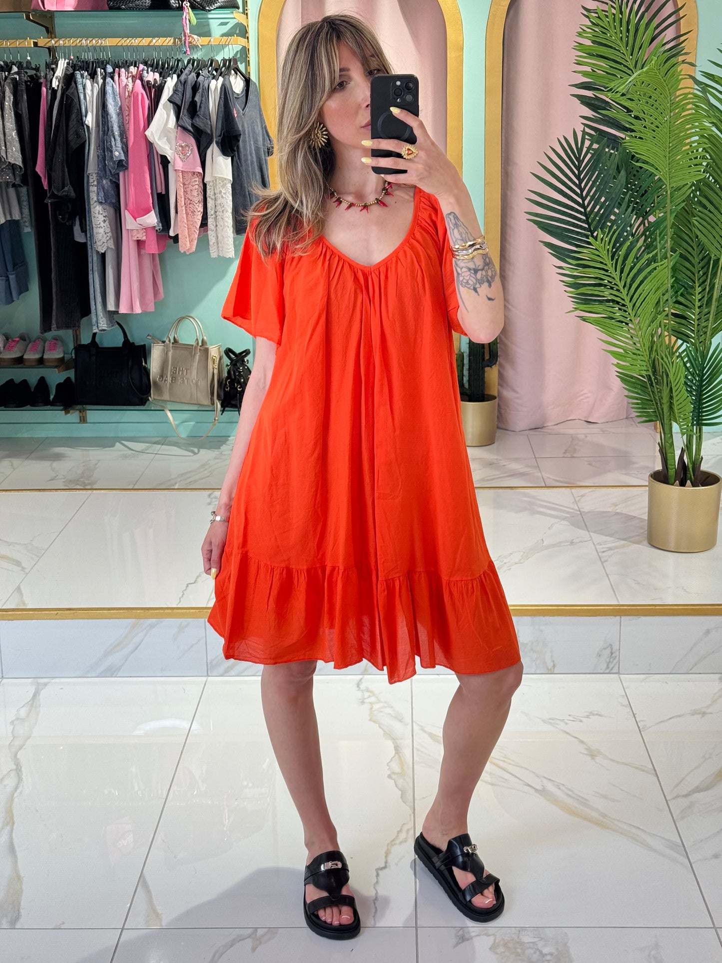 Robe coton col V dos noué - Corail