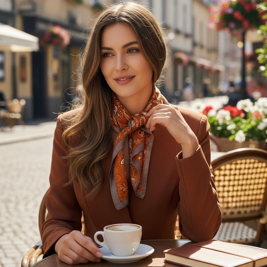 Foulard carré satin Camel & chocolat