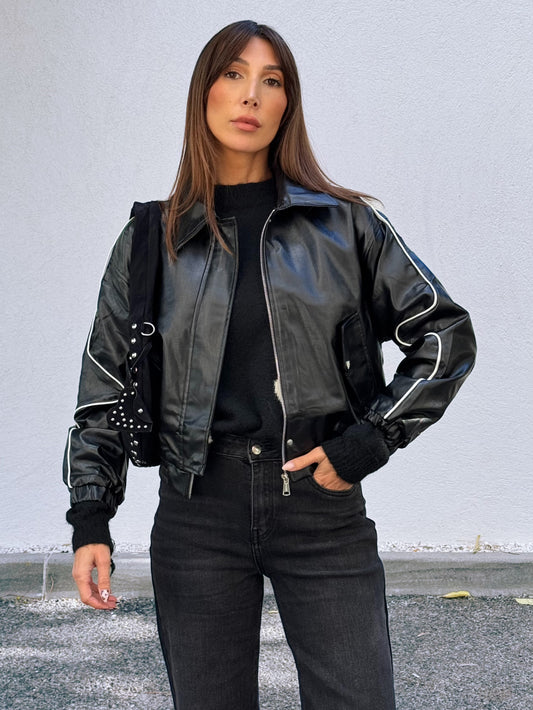 Bombers noir en simili bande blanche