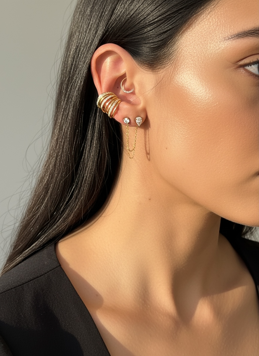 Bague d’oreille / faux piercing multi rangs strass & simple