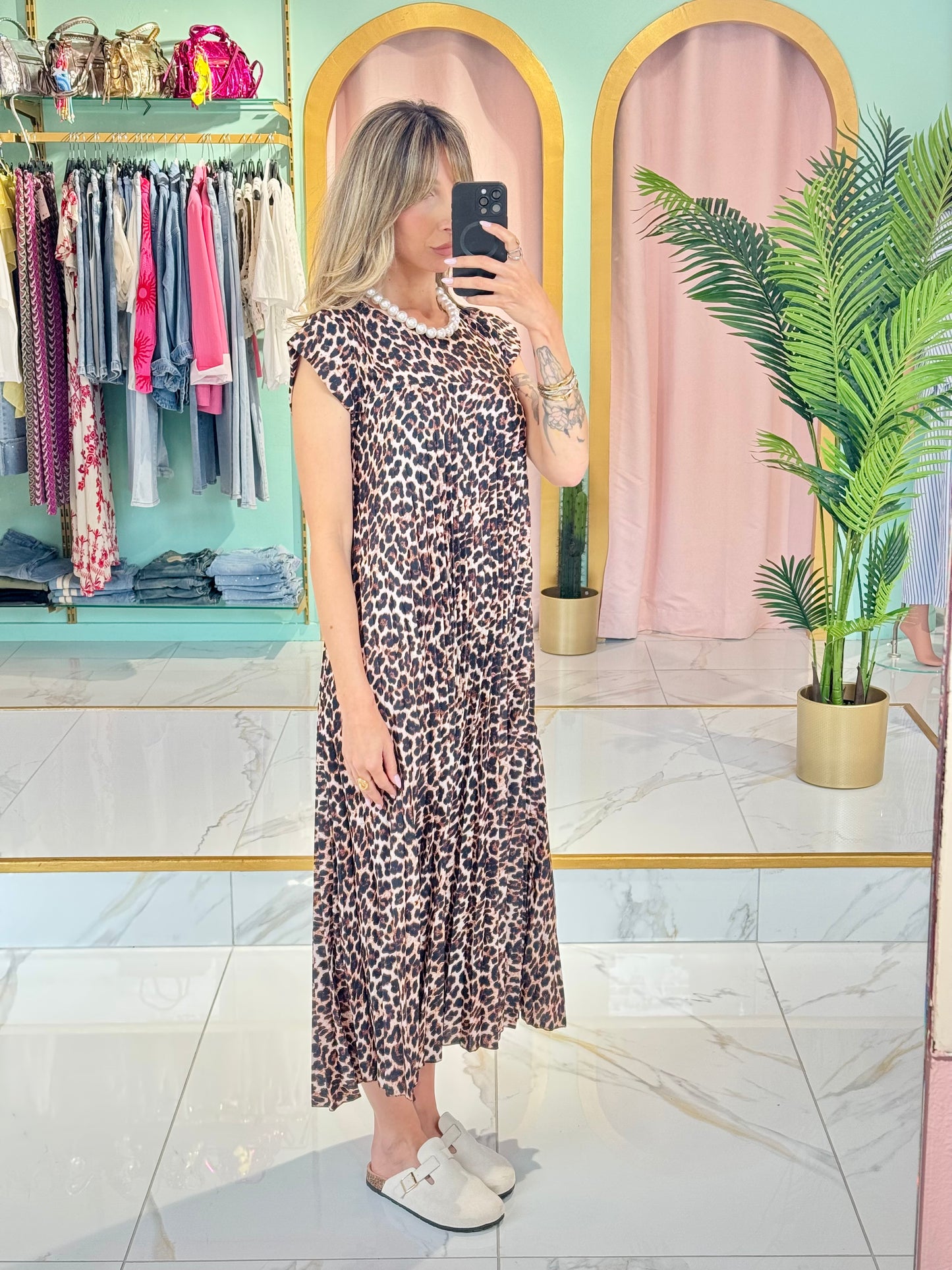 Robe longue plissée léopard – marron