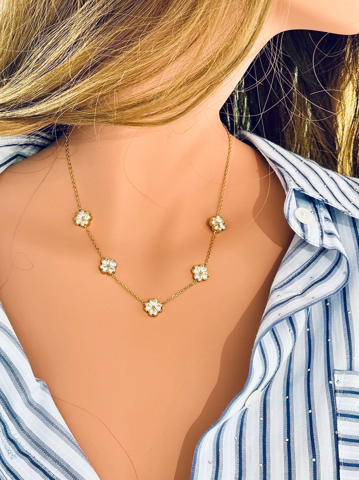 Collier cinq trèfles et strass or