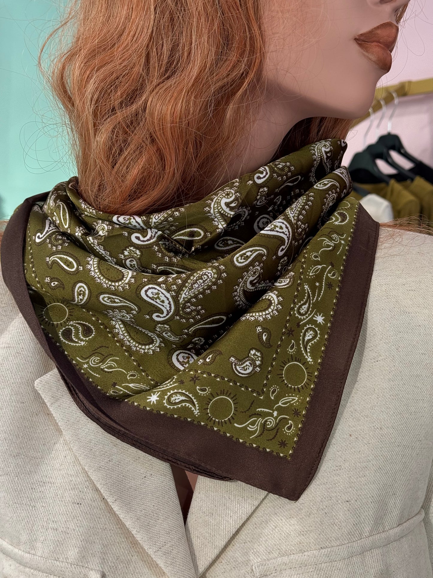Foulard carré satin kaki & chocolat