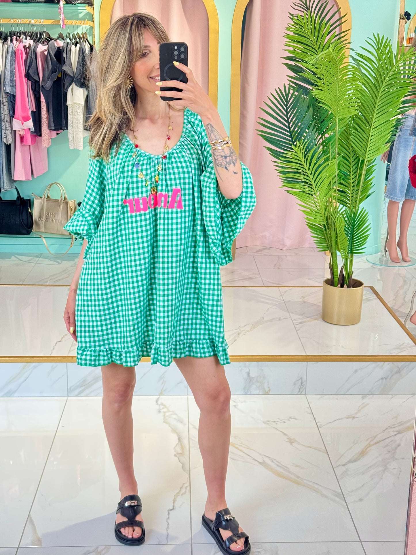 Robe trapèze à carreaux « Amour » – Vert