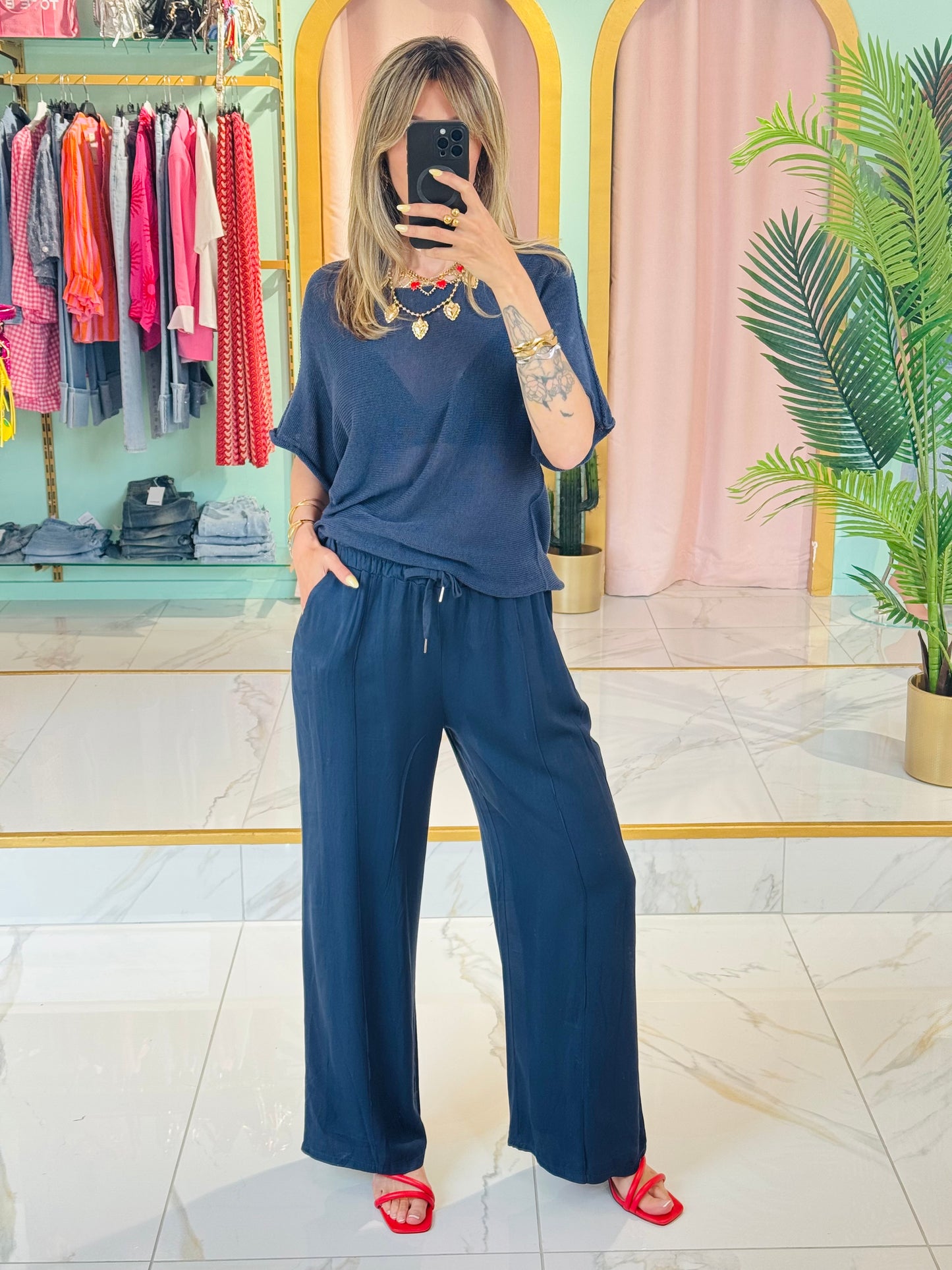 Pantalon fluide en viscose ceinture cordon bleu marine