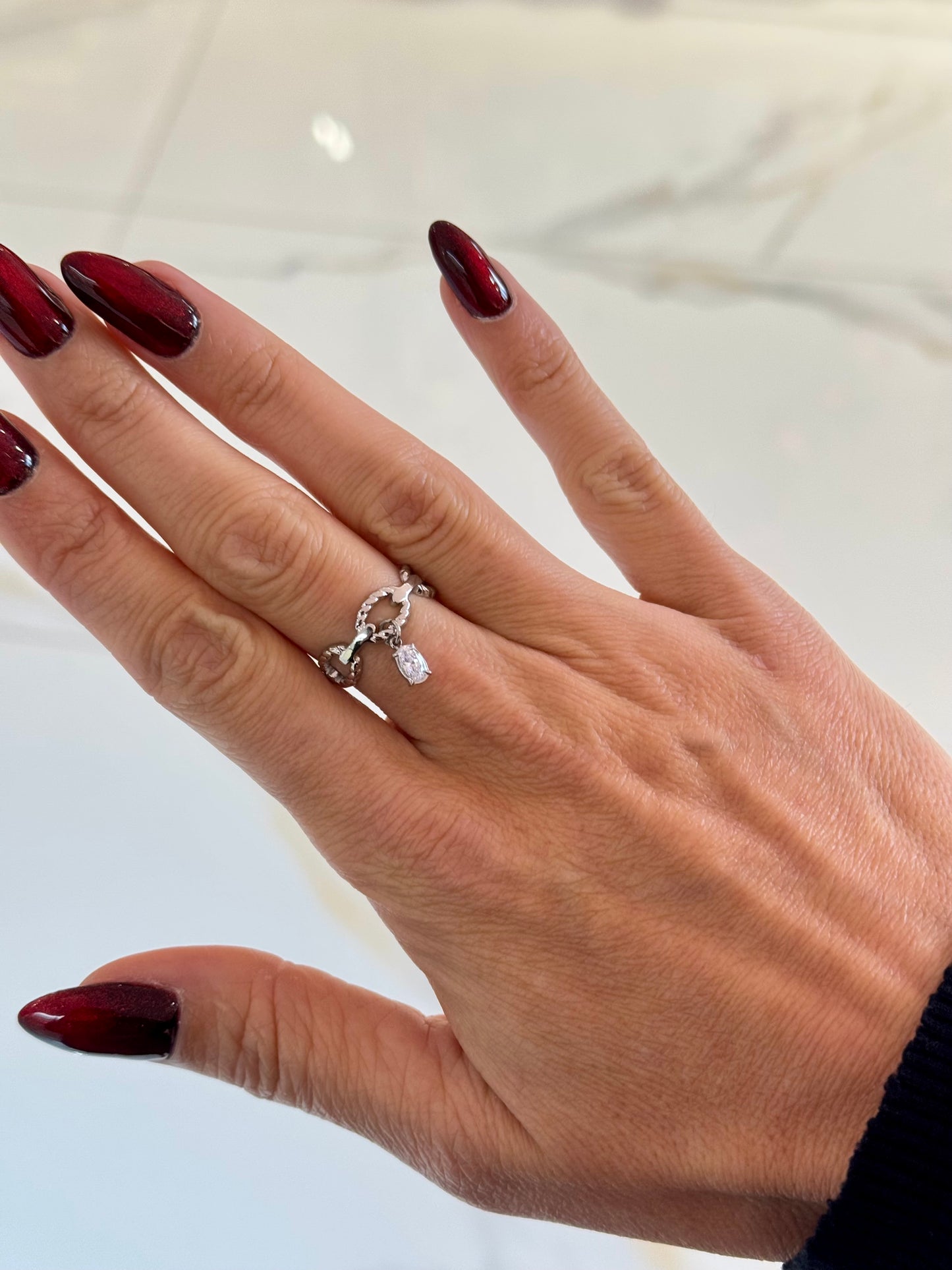 Bague chaîne en acier inoxydable avec pendentif zircon - or ou argent