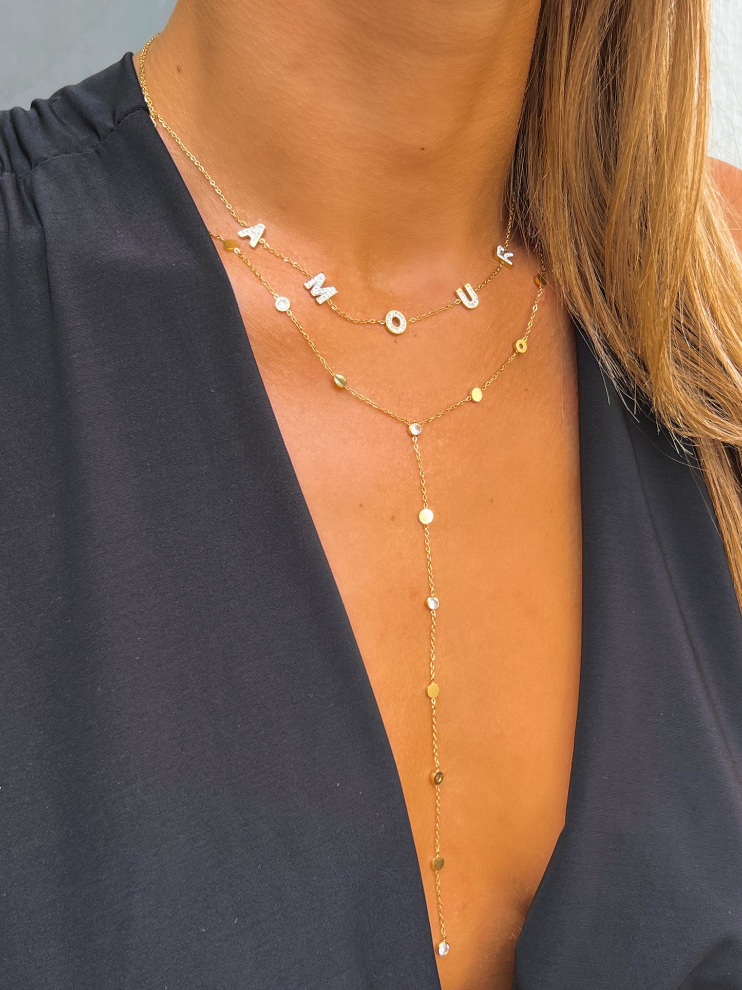 Collier cascade à strass or