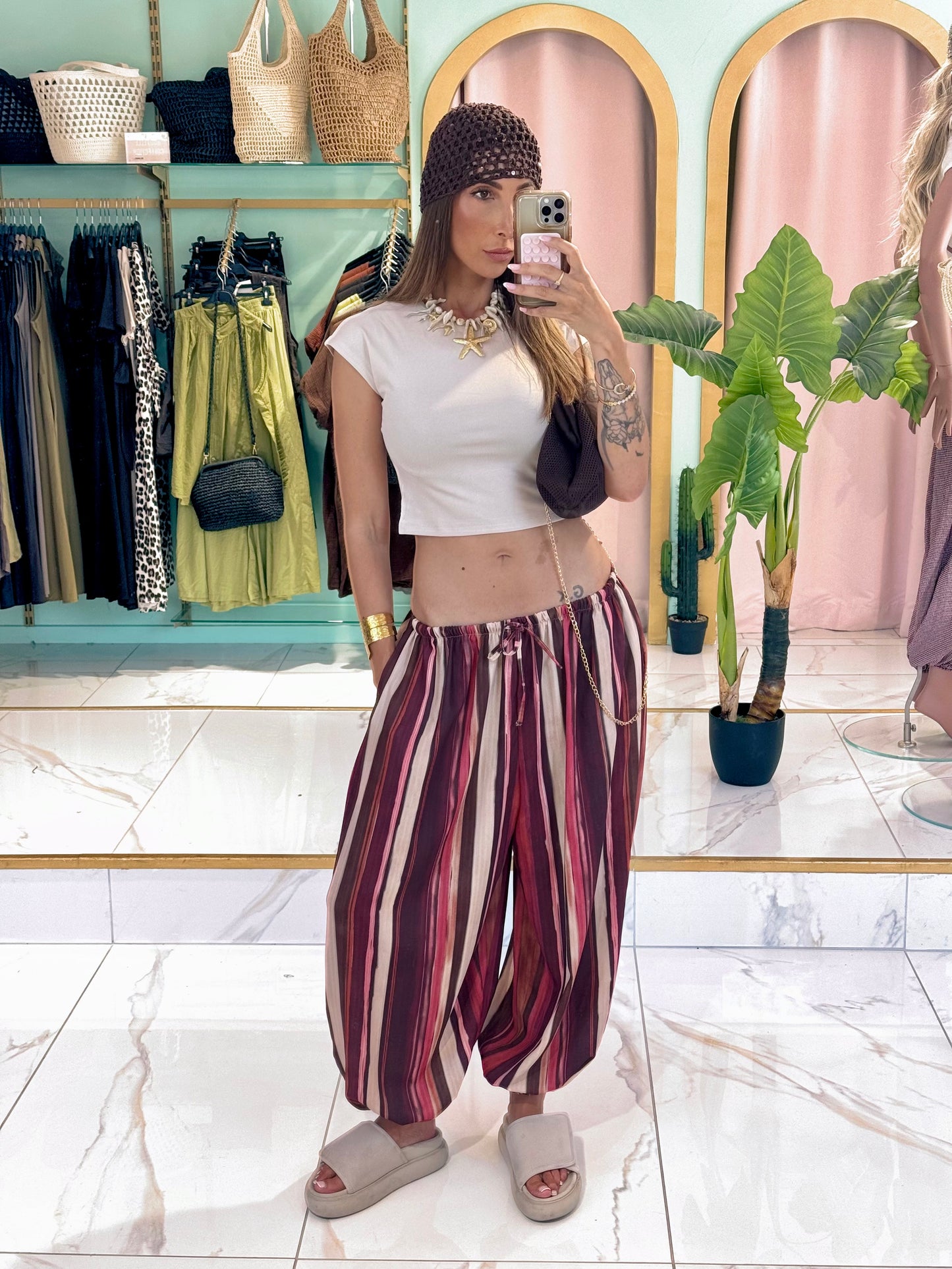 Pantalon bouffant rayé - bordeaux