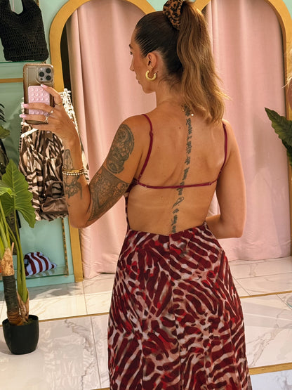 Robe longue dos nu imprimé animal - bordeaux