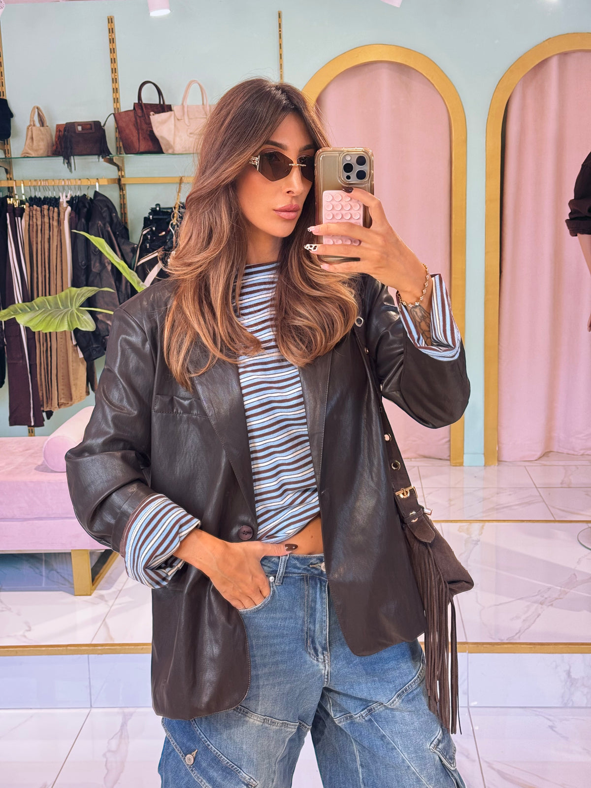 Veste tailleur oversize en simili cuir - marron