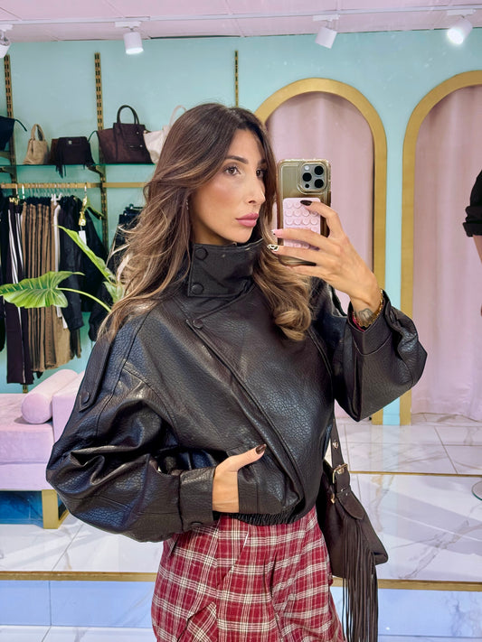✨ Veste Bomber en Simili Cuir Grainé à Col Montant Asymétrique – marron