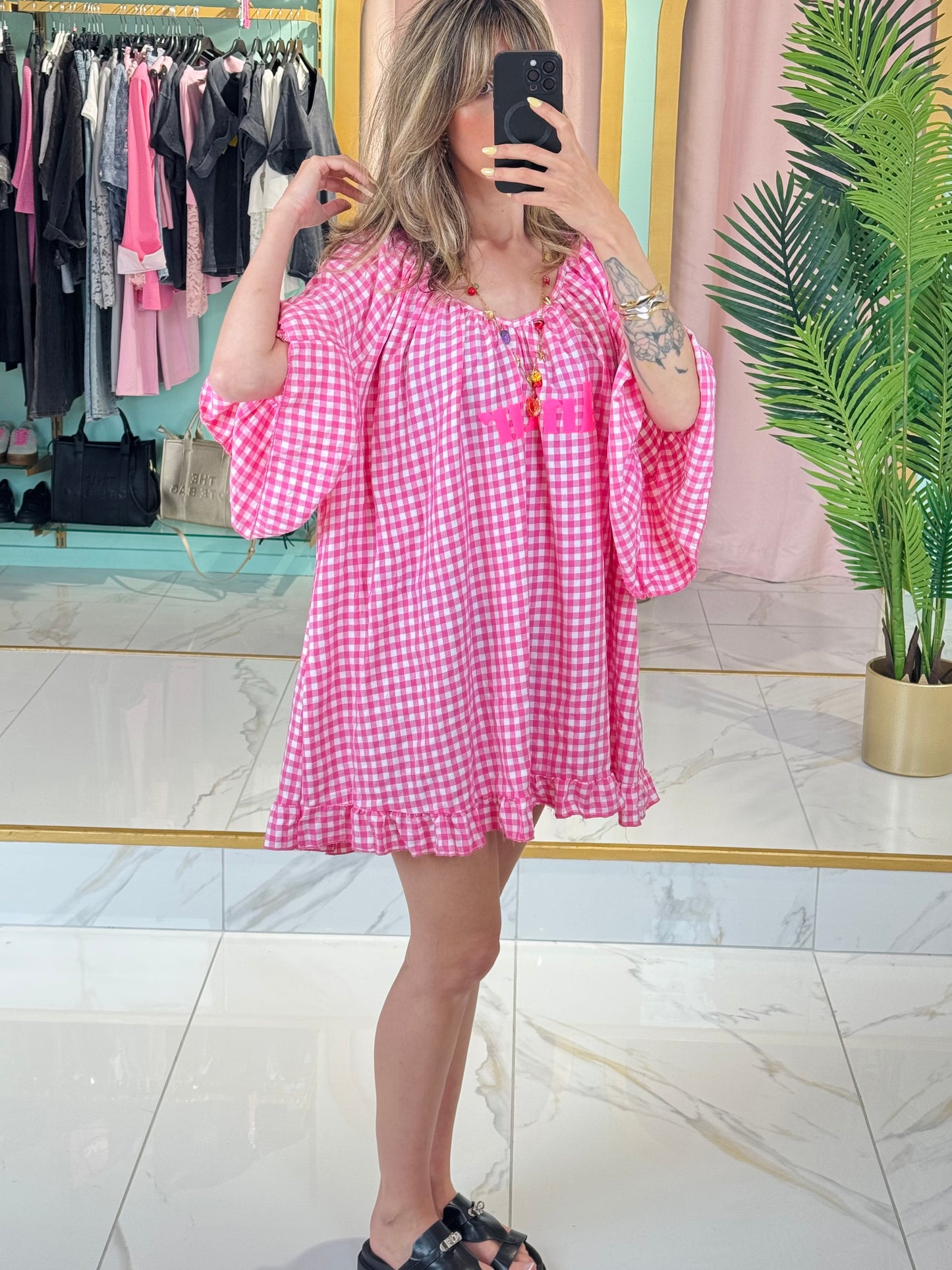 Robe trapèze à carreaux « Amour » – Rose