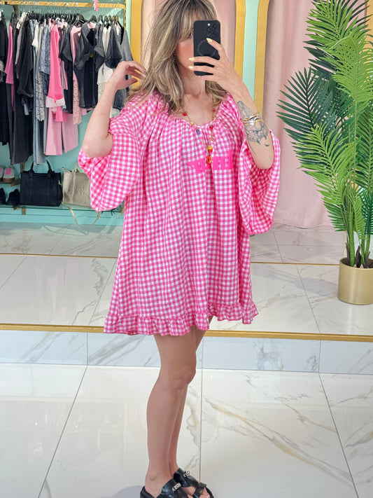 Robe trapèze à carreaux « Amour » – Rose