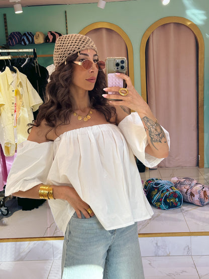 Top en popeline bouffant manche bardot - blanc