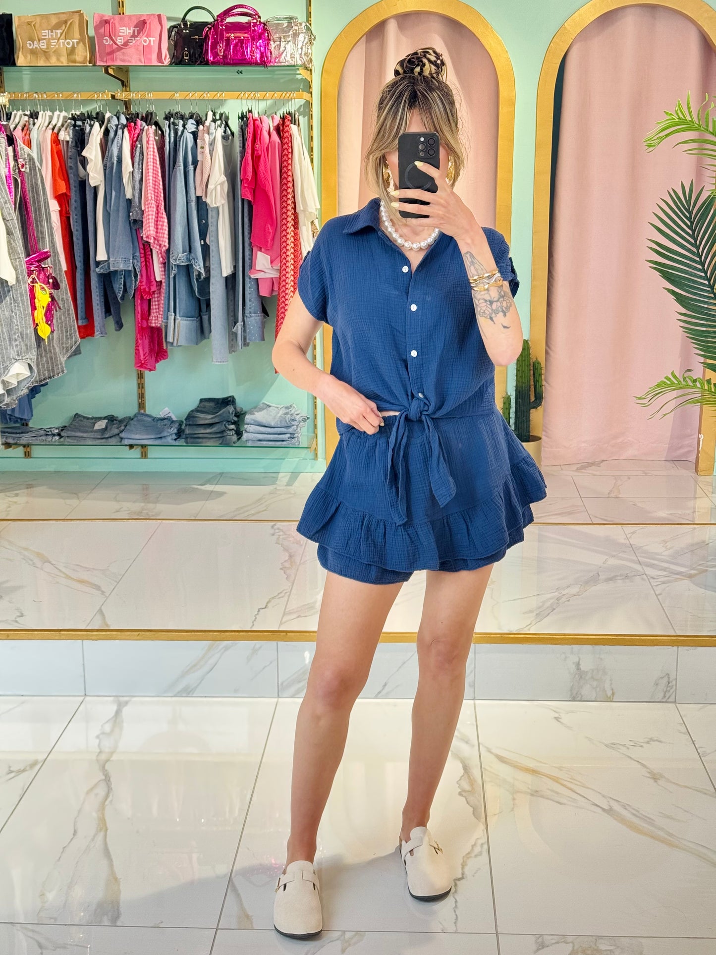 Jupe-short à volants en gaze de coton – bleu marine